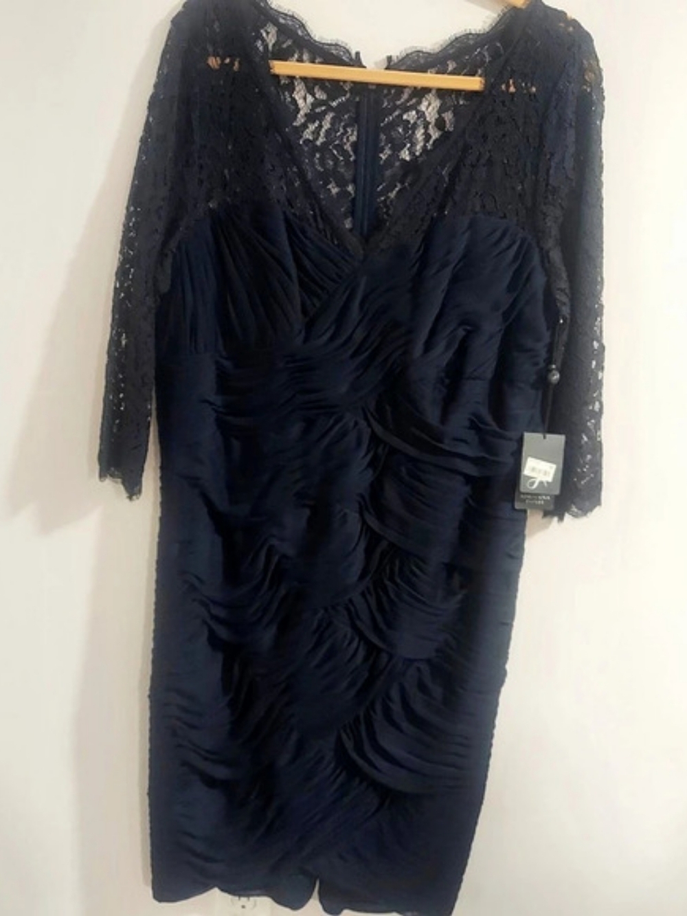 Ruched Lace Sleeve Dress in Navy Blue